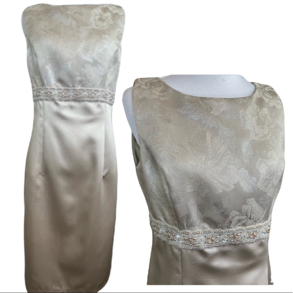 Eliza J Metallic Gold Jeweled Waist Midi Sheath Dress 6